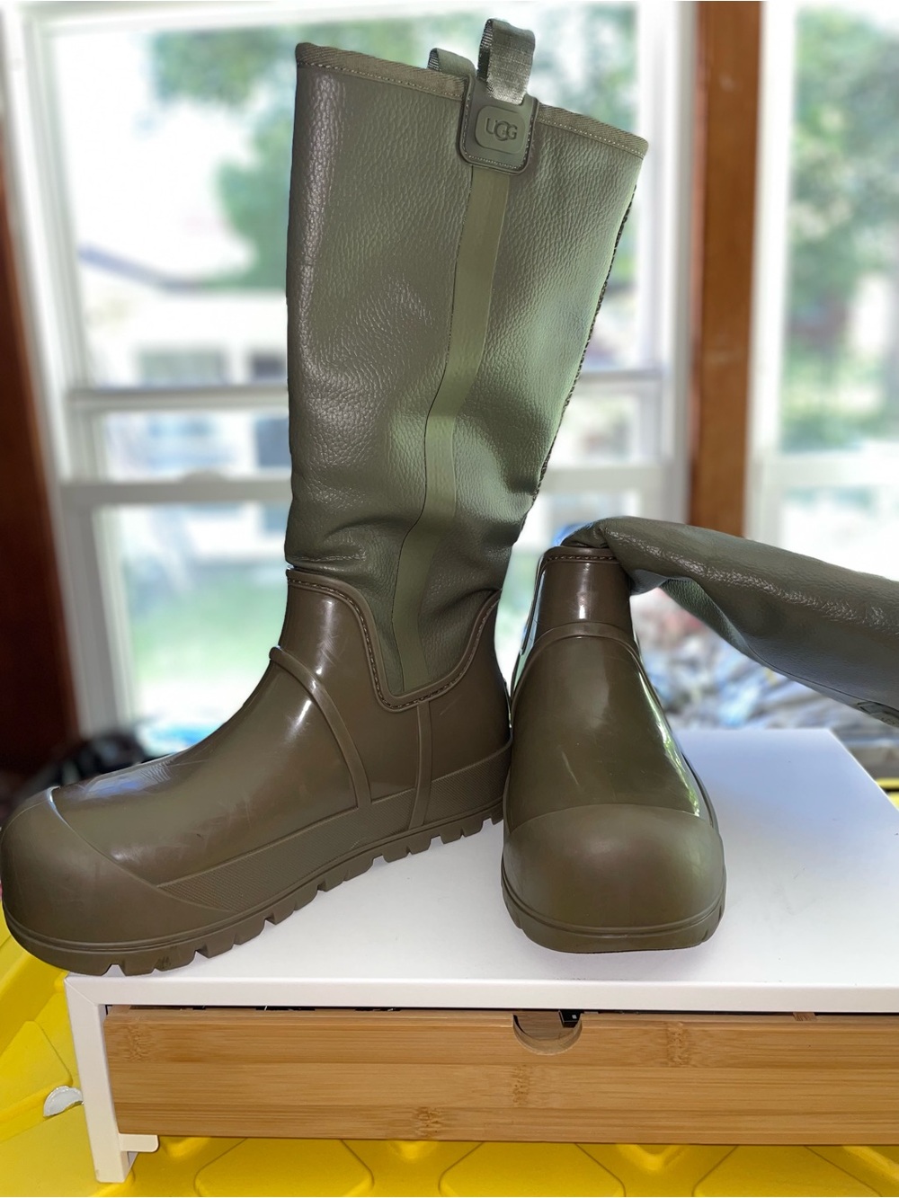 UGG Raincloud Tall Waterproof Rain Boots in Olive Green.